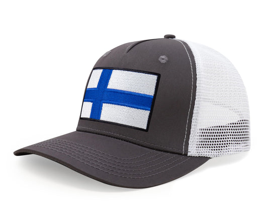 International Tie Finland Flag Hat for Men and Women - Adjustable Snapback Trucker Baseball Cap (Grey White)