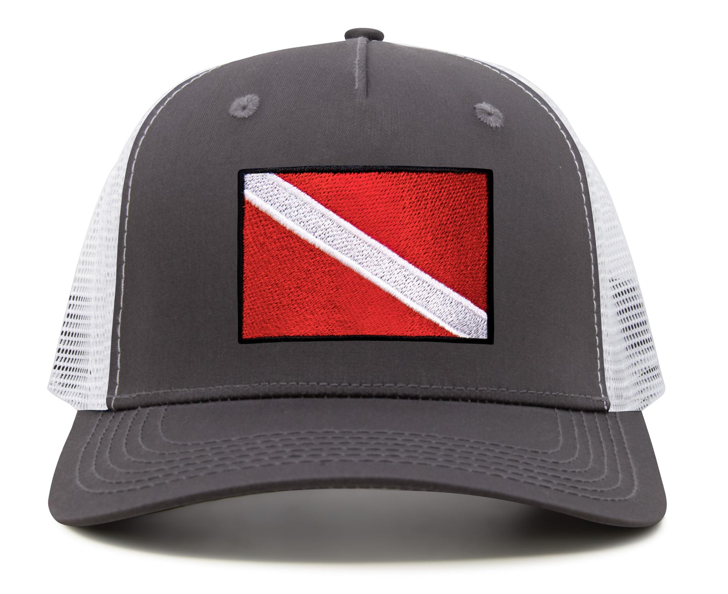 International Tie Scuba Diver Hat for Men and Women, Adjustable Snapback Trucker Baseball Cap with Embroidered Scuba Flag (Grey White)