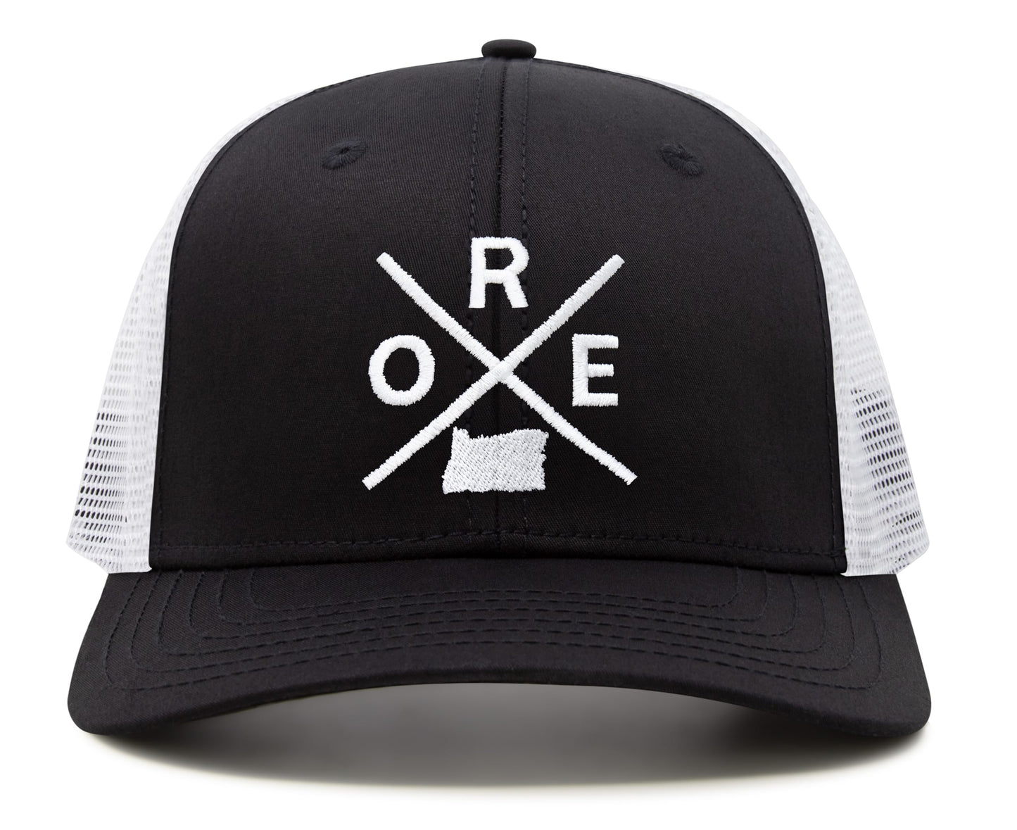International Tie Hat for Men and Women, Snapback Trucker Baseball Cap, Embroidered Cross Logo (ORE - Oregon, Black White) - International Tie