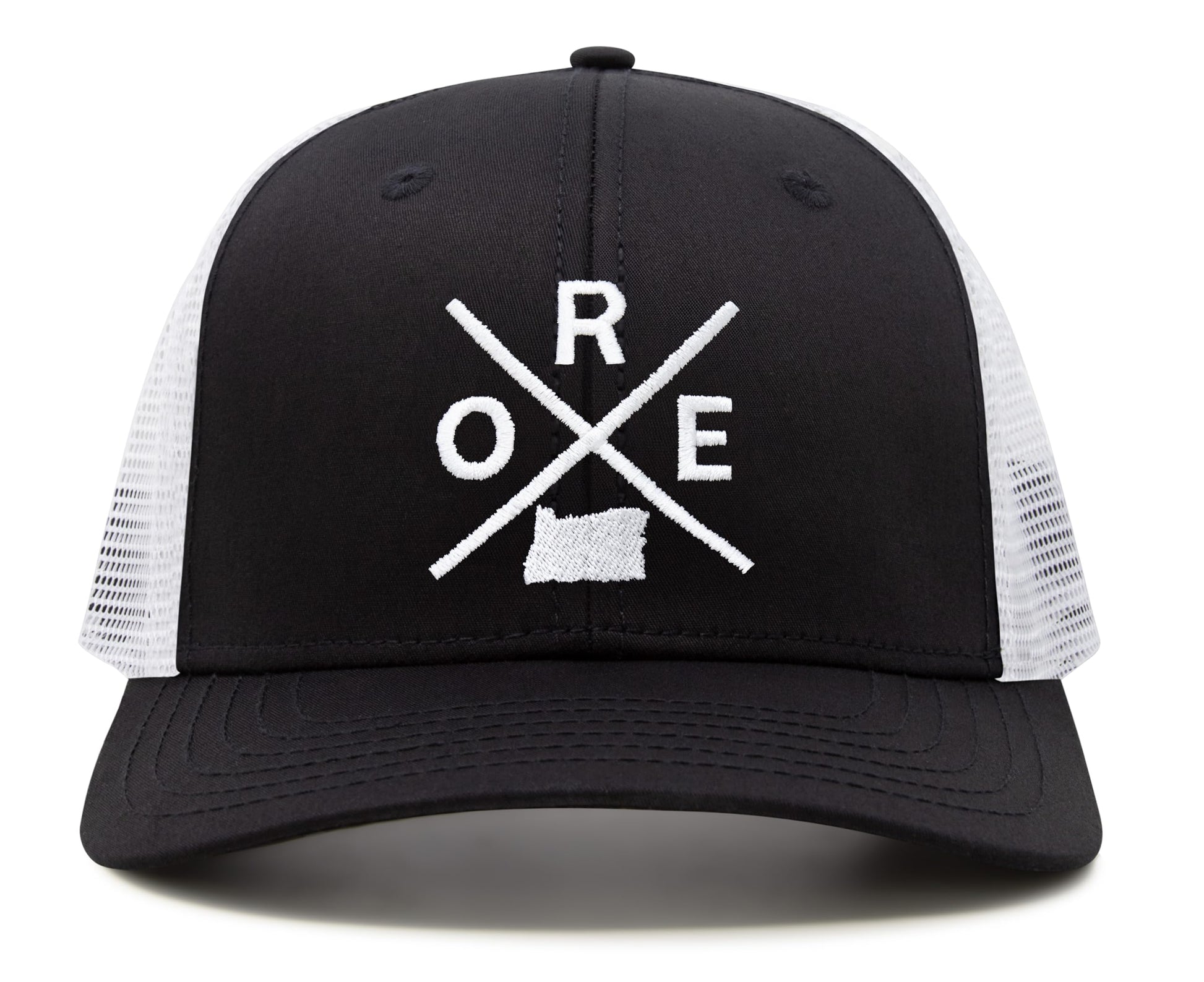 International Tie Hat for Men and Women, Snapback Trucker Baseball Cap, Embroidered Cross Logo (ORE - Oregon, Black White) - International Tie