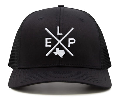 International Tie Hat for Men and Women, ELP Snapback Trucker Baseball Cap, Embroidered Cross Logo (ELP - El Paso, All Black)