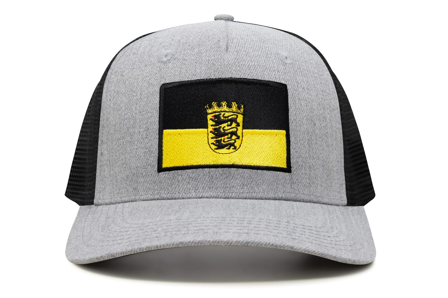 International Tie State Hat for Men and Women, Adjustable Snapback Trucker Baseball Cap with Embroidered Patch (Baden-Wurttemberg, Grey Black)