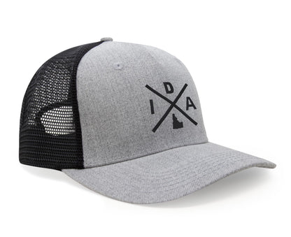 International Tie Hat for Men and Women, Adjustable Snapback Trucker Baseball Cap, Embroidered Cross Logo (IDA - Idaho, Grey Black)