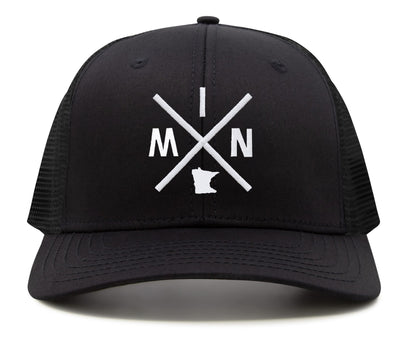 International Tie Hat for Men and Women, MIN Snapback Trucker Baseball Cap, Embroidered Cross Logo (MIN - Minnesota, All Black)
