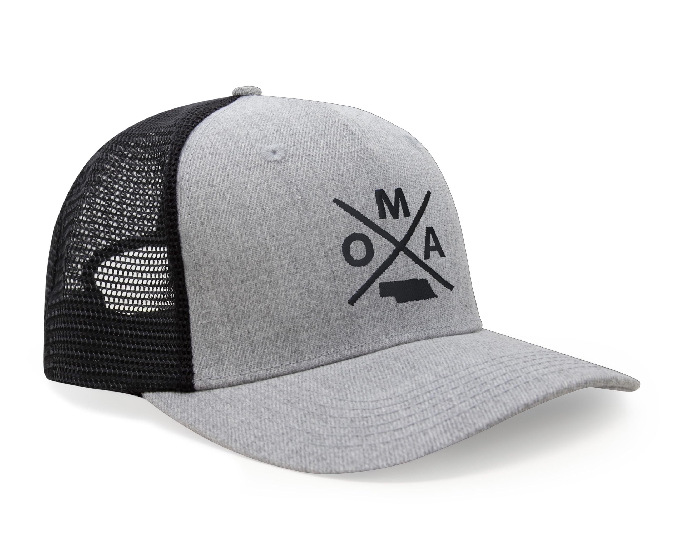 International Tie Hat for Men and Women, Snapback Trucker Baseball Cap, Embroidered Cross Logo (OMA - Omaha, Grey Black)
