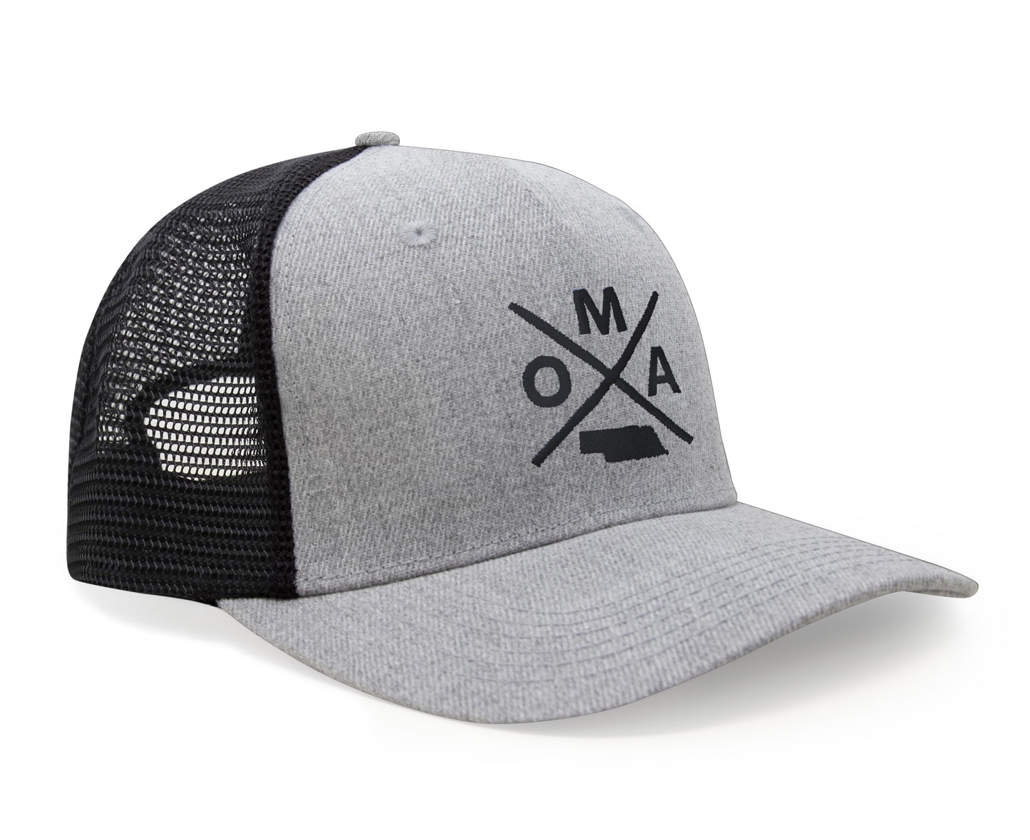 International Tie Hat for Men and Women, Snapback Trucker Baseball Cap, Embroidered Cross Logo (OMA - Omaha, Grey Black) - International Tie
