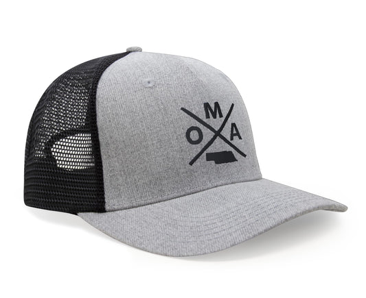 International Tie Hat for Men and Women, Snapback Trucker Baseball Cap, Embroidered Cross Logo (OMA - Omaha, Grey Black) - International Tie