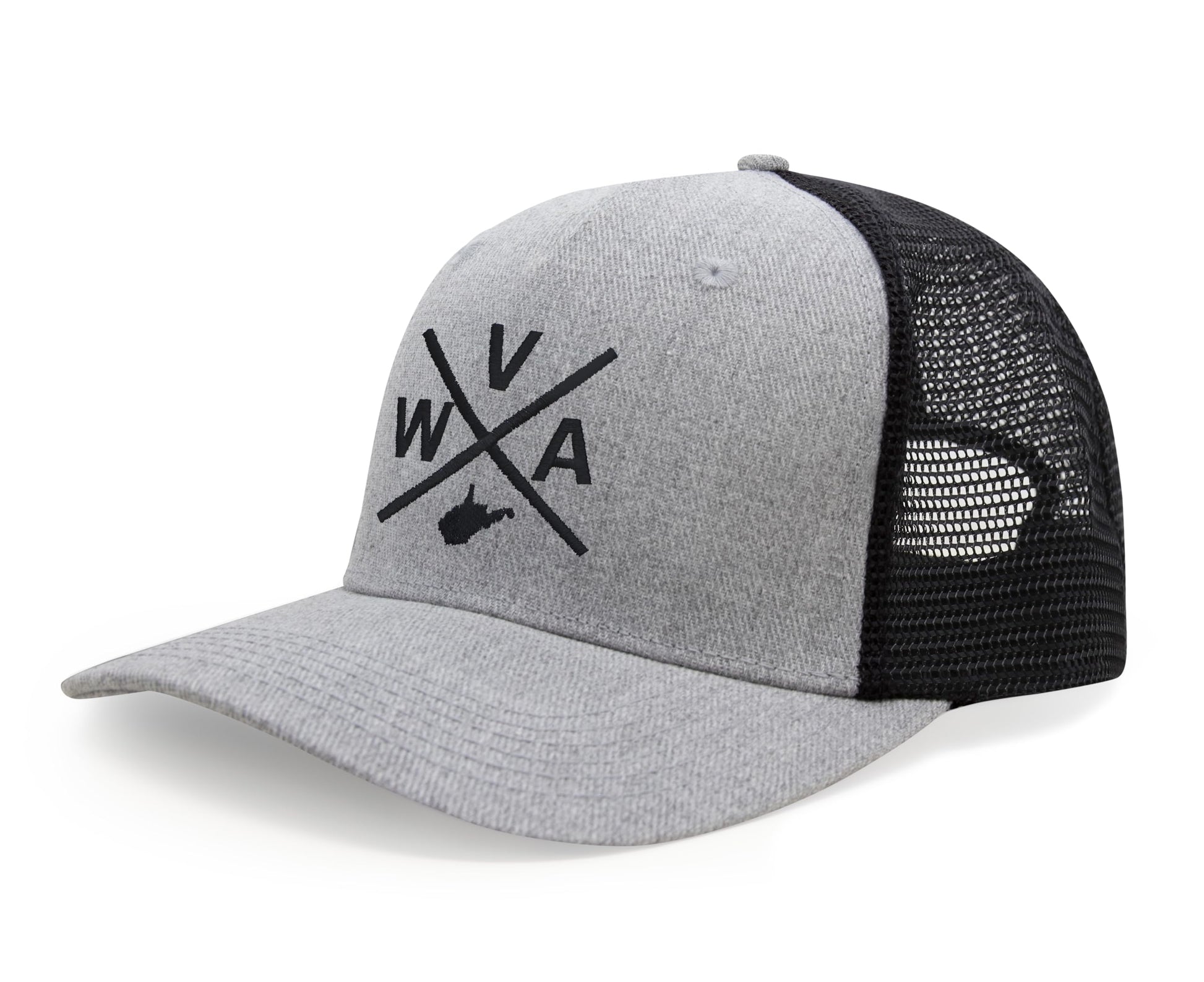International Tie State City Hat for Men and Women, Snapback Trucker Baseball Cap with Embroidered Cross Logo (West Virginia - WVA, Grey Black) - International Tie