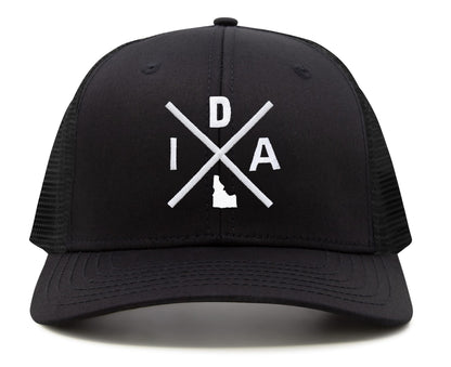 International Tie Hat for Men and Women, Adjustable Snapback Trucker Baseball Cap, Embroidered Cross Logo (IDA - Idaho, All Black)