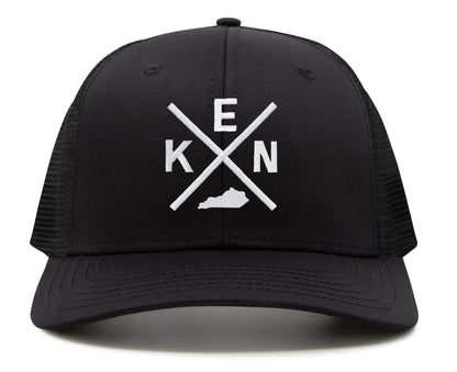 International Tie Hat for Men and Women, Adjustable Snapback Trucker Baseball Cap, Embroidered Cross Logo (KEN - Kentucky, All Black)