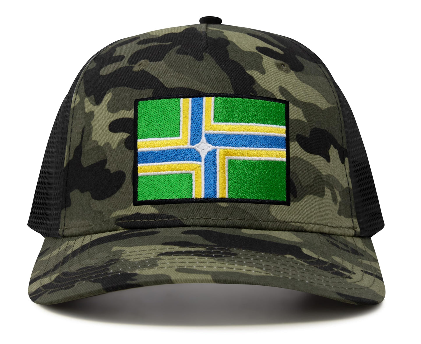 International Tie City Hat for Men and Women, Adjustable Snapback Trucker Baseball Cap with Embroidered Patch (Portland, Camouflage)