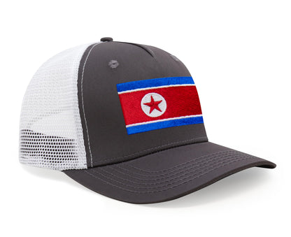 International Tie North Korea Flag Hat for Men and Women - Adjustable Snapback Trucker Baseball Cap (Grey White)