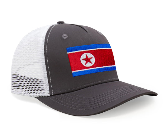 International Tie North Korea Flag Hat for Men and Women - Adjustable Snapback Trucker Baseball Cap (Grey White)