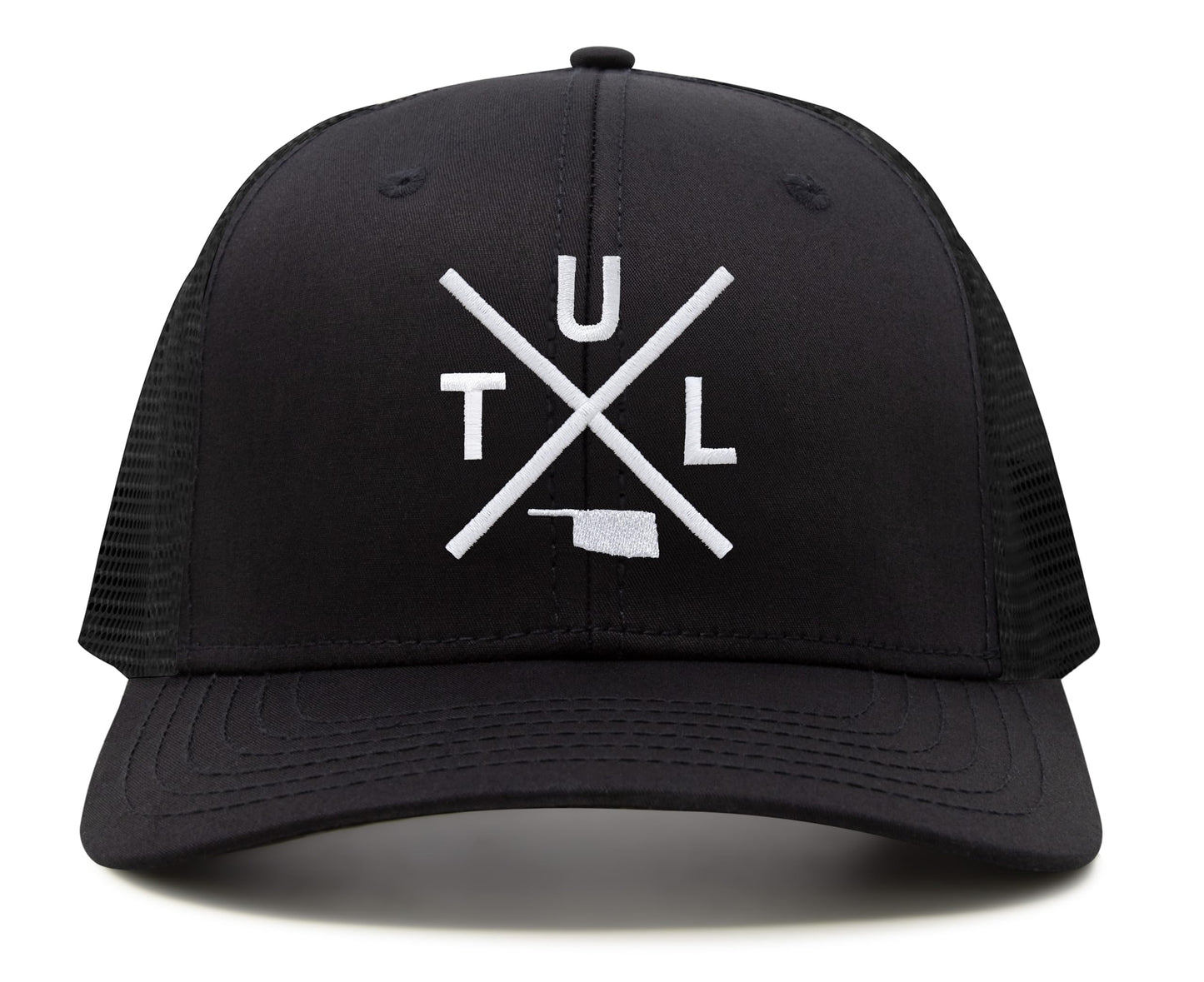 International Tie Hat for Men and Women, TUL Snapback Trucker Baseball Cap, Embroidered Cross Logo (TUL - Tulsa, All Black)