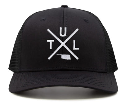 International Tie Hat for Men and Women, TUL Snapback Trucker Baseball Cap, Embroidered Cross Logo (TUL - Tulsa, All Black)