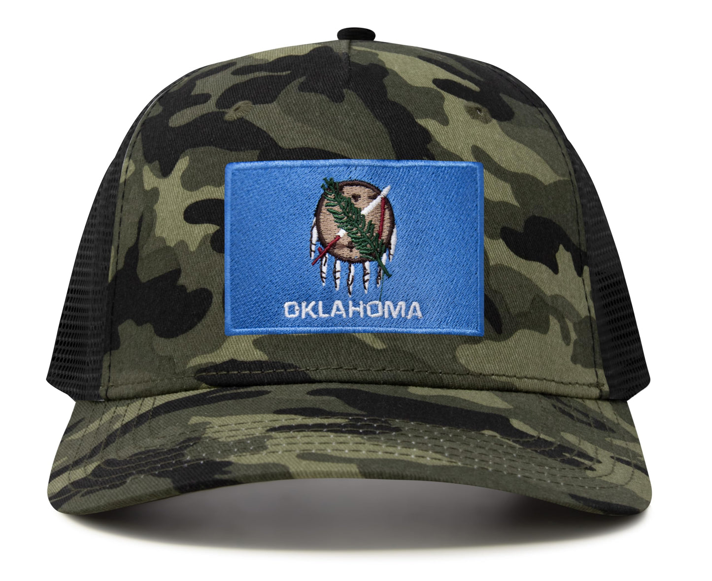 International Tie State Hat for Men and Women, Adjustable Snapback Trucker Baseball Cap with Embroidered Patch (Oklahoma, Camouflage)