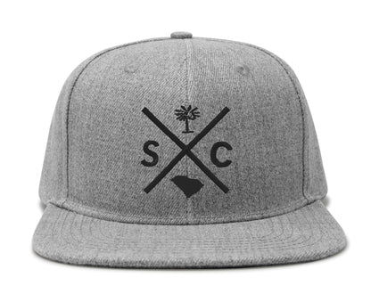International Tie Hat for Men and Women, Adjustable Snapback Trucker Baseball Cap, Embroidered Cross Logo (SC - South Carolina, Grey Flatbill)