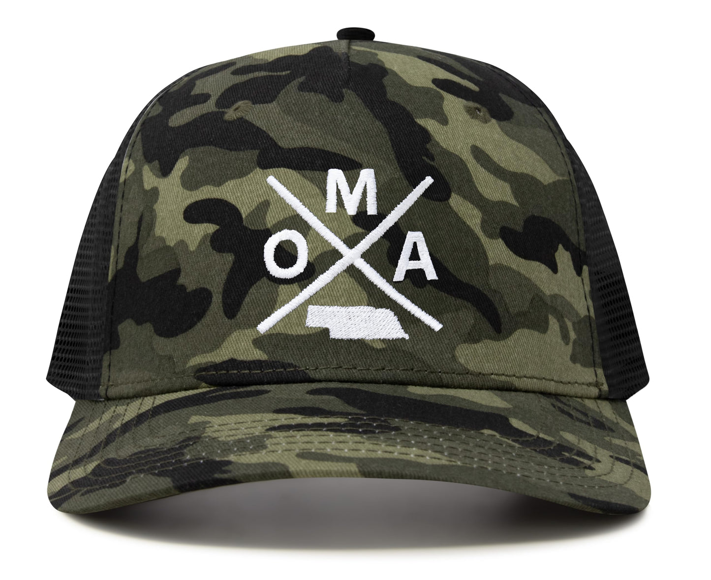 International Tie Hat for Men and Women, Snapback Trucker Baseball Cap, Embroidered Cross Logo (OMA - Omaha, Camouflage) - International Tie