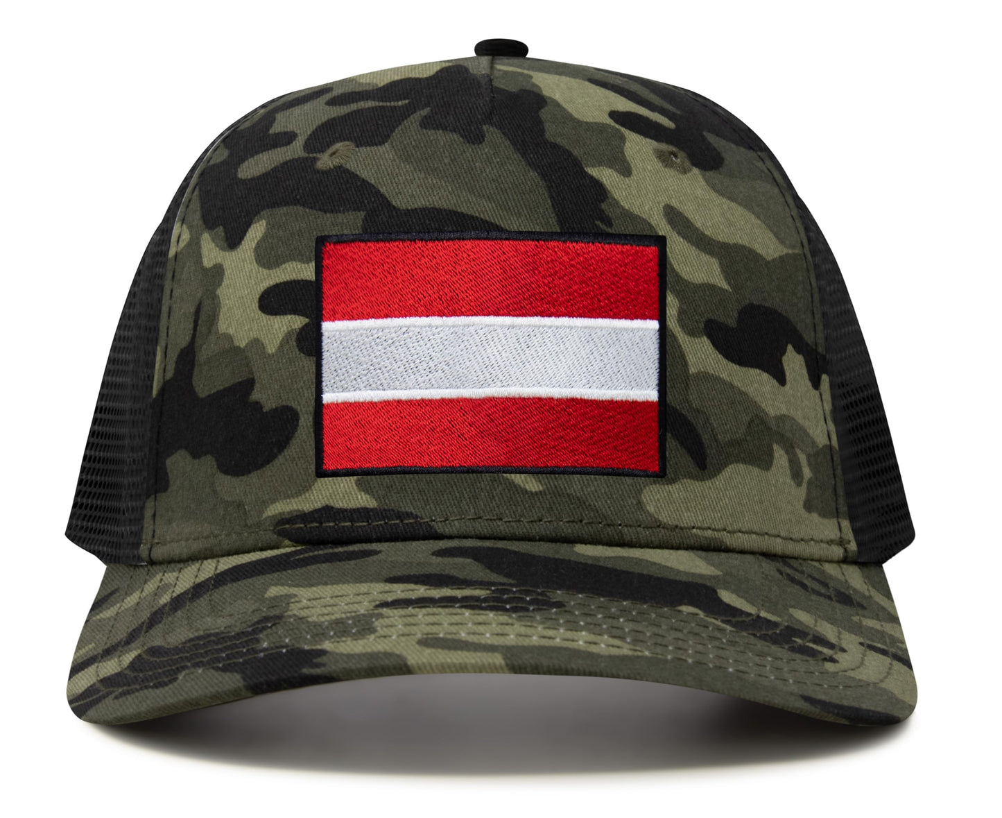 International Tie Country Hat for Men and Women, Adjustable Snapback Trucker Baseball Cap with Embroidered Patch (Austria, Camouflage)