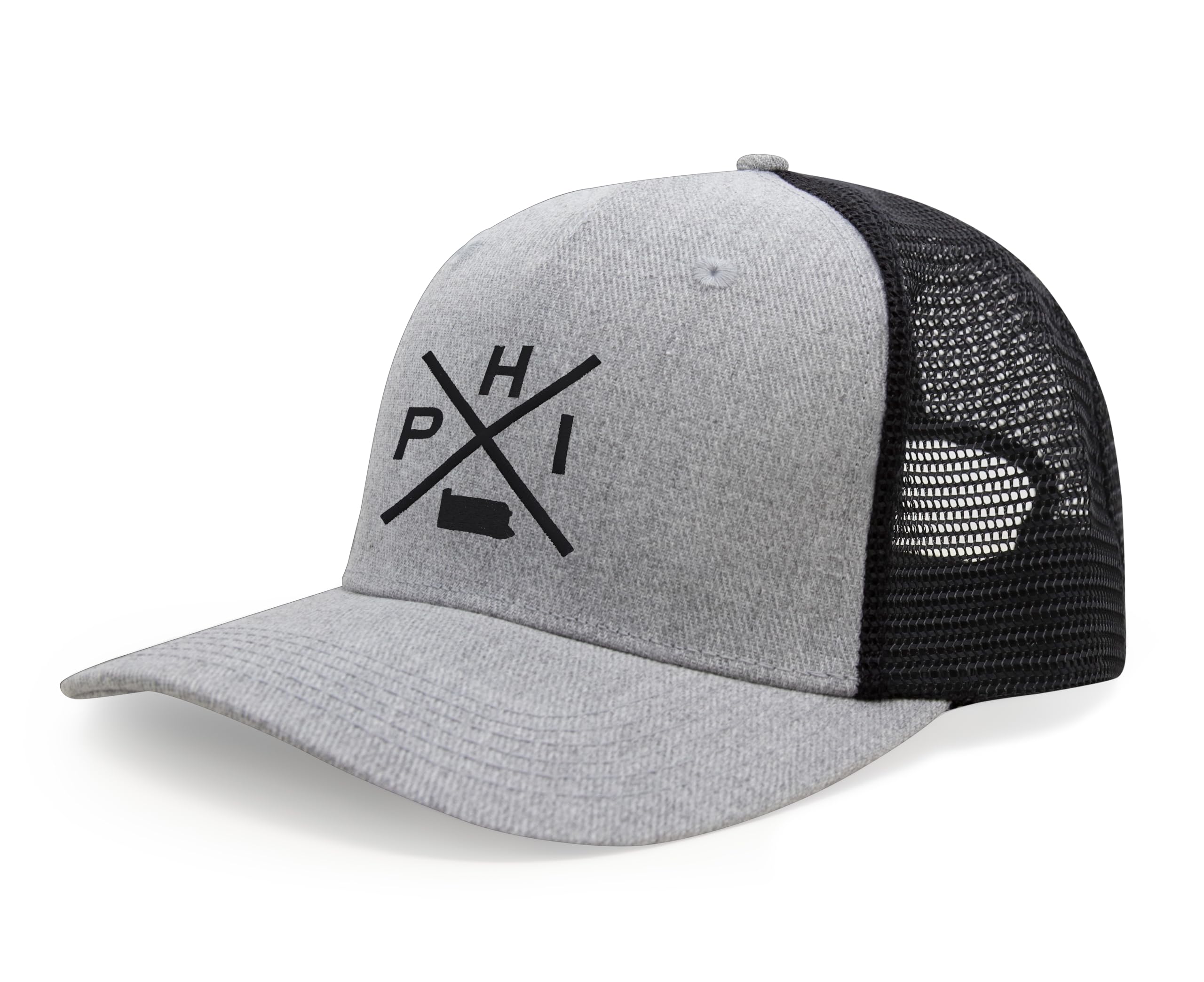 International Tie Hat for Men and Women, Adjustable Snapback Trucker Baseball Cap, Embroidered Cross Logo (PHI - Philadelphia, Grey Black)