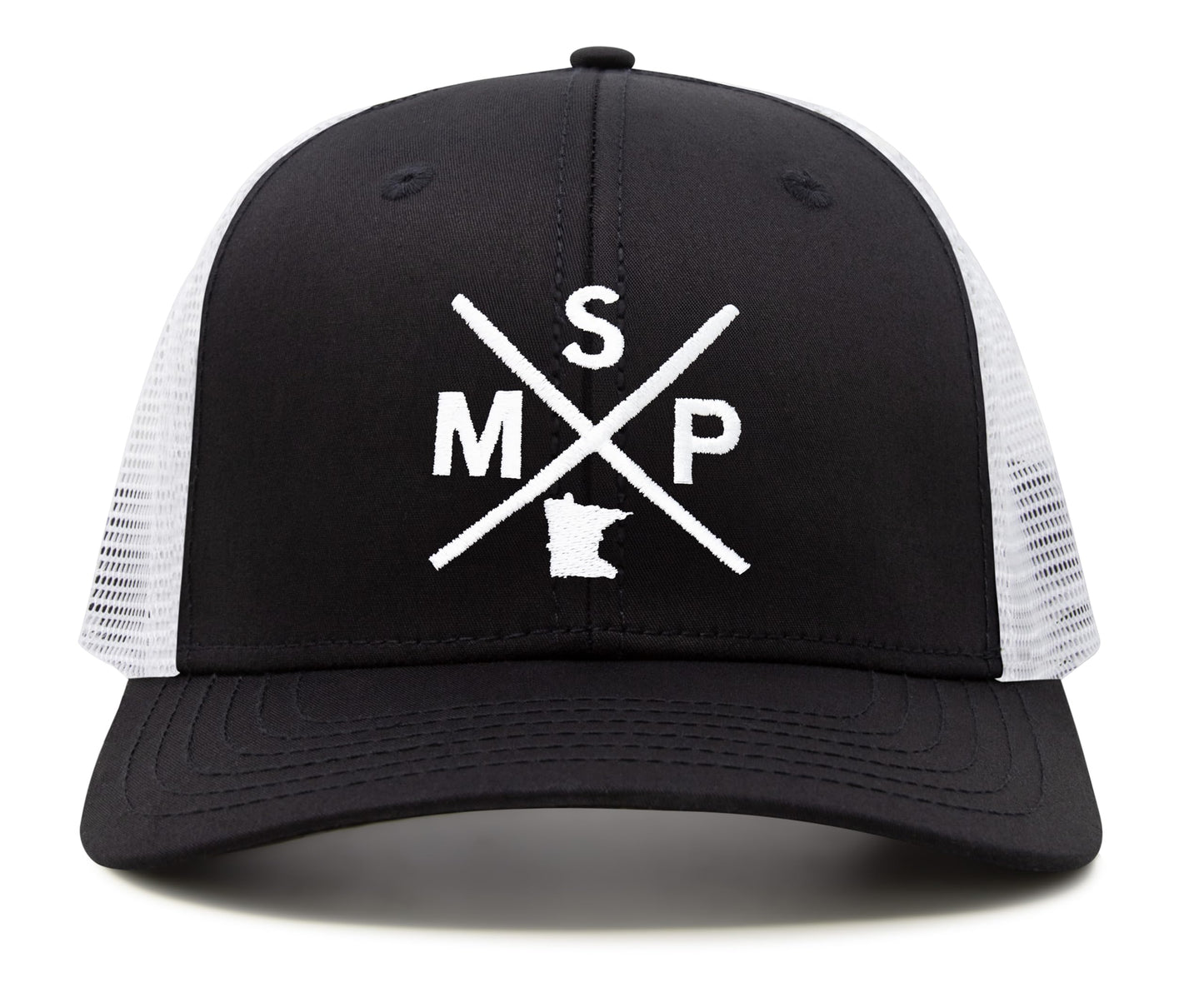 International Tie State City Hat for Men and Women, Snapback Trucker Baseball Cap with Embroidered Cross Logo (MSP - Minneapolis St. Paul, Black White) - International Tie