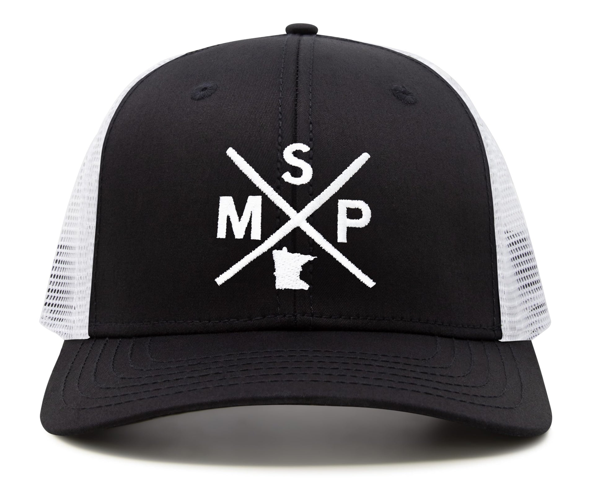 International Tie State City Hat for Men and Women, Snapback Trucker Baseball Cap with Embroidered Cross Logo (MSP - Minneapolis St. Paul, Black White) - International Tie