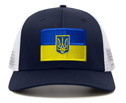 International Tie Country Hat for Men and Women, Adjustable Snapback Trucker Baseball Cap with Embroidered Patch (Ukraine, Navy White)