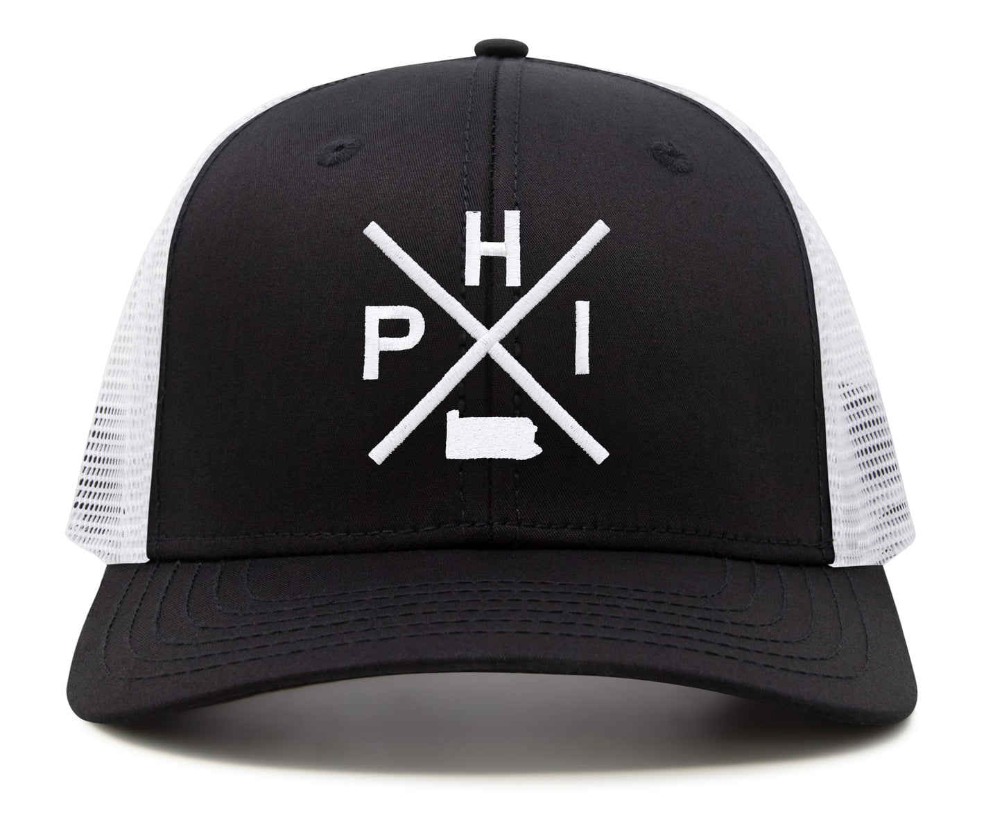 International Tie Hat for Men and Women, Adjustable Snapback Trucker Baseball Cap, Embroidered Cross Logo (PHI - Philadelphia, Black/White)