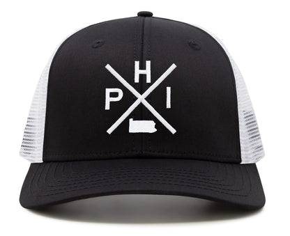 International Tie Hat for Men and Women, Adjustable Snapback Trucker Baseball Cap, Embroidered Cross Logo (PHI - Philadelphia, Black/White)