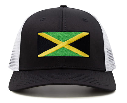 International Tie Jamaican Flag Hat for Men and Women - Jamaica Snapback Trucker Baseball Cap (Black White)