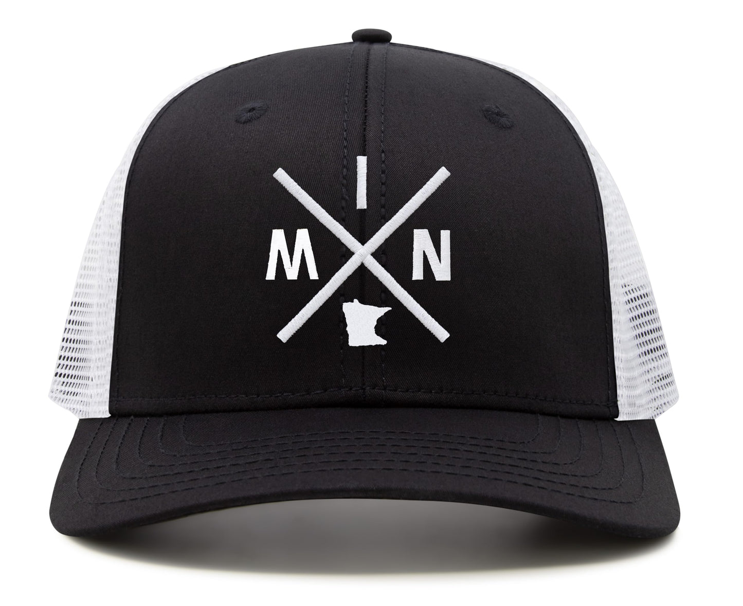 International Tie Hat for Men and Women, MIN Snapback Trucker Baseball Cap, Embroidered Cross Logo (MIN - Minnesota, Black White)