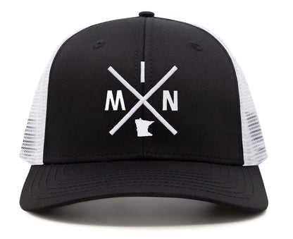 International Tie Hat for Men and Women, MIN Snapback Trucker Baseball Cap, Embroidered Cross Logo (MIN - Minnesota, Black White)