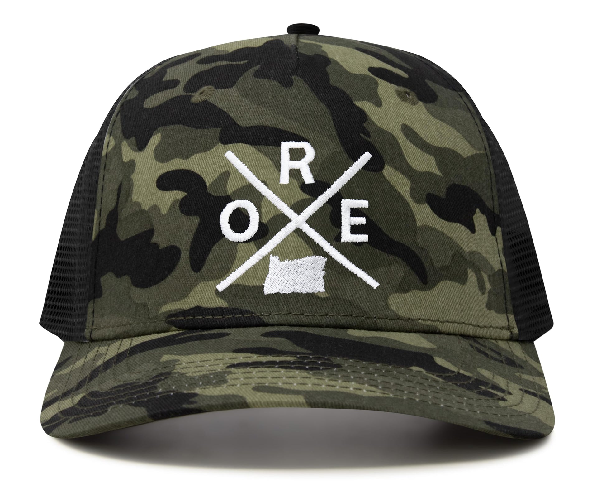 International Tie Hat for Men and Women, Snapback Trucker Baseball Cap, Embroidered Cross Logo (ORE - Oregon, Camouflage) - International Tie