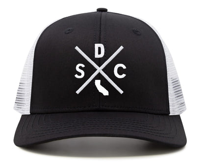 International Tie Hat for Men and Women, Adjustable Snapback Trucker Baseball Cap, Embroidered Cross Logo (SDC - San Diego, Black White)