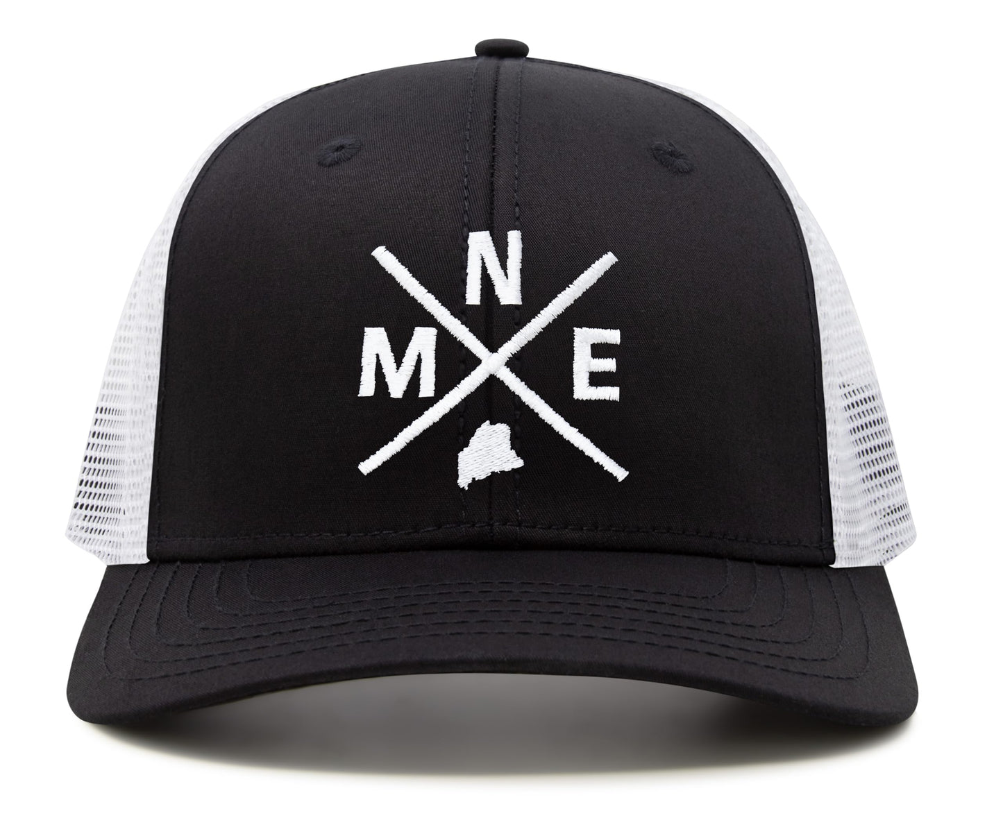 International Tie State City Hat for Men and Women, Snapback Trucker Baseball Cap with Embroidered Cross Logo (MNE - Maine, Black White) - International Tie