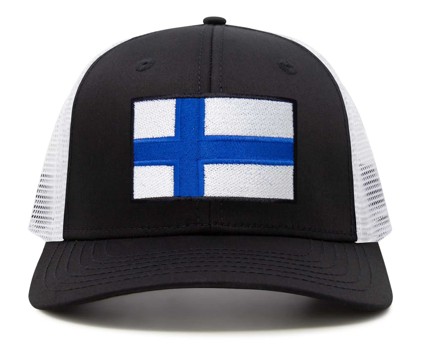 International Tie Finland Flag Hat for Men and Women - Adjustable Snapback Trucker Baseball Cap (Black White)