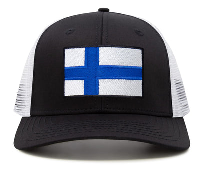 International Tie Finland Flag Hat for Men and Women - Adjustable Snapback Trucker Baseball Cap (Black White)