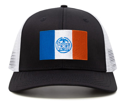 International Tie New York City Flag Hat for Men and Women - Adjustable Snapback Trucker Baseball Cap (Black White)