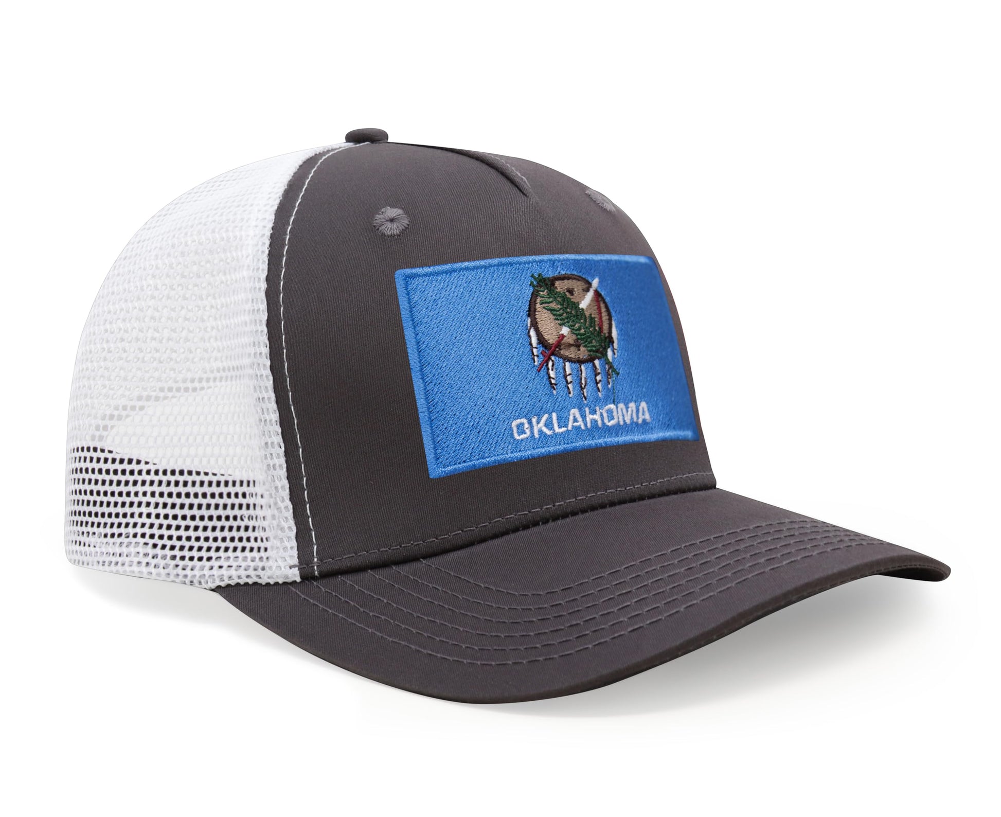 International Tie State Hat for Men and Women, Adjustable Snapback Trucker Baseball Cap with Embroidered Patch (Oklahoma, Grey White) - International Tie