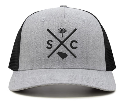 International Tie Hat for Men and Women, Adjustable Snapback Trucker Baseball Cap, Embroidered Cross Logo (SC - South Carolina, Grey Black)
