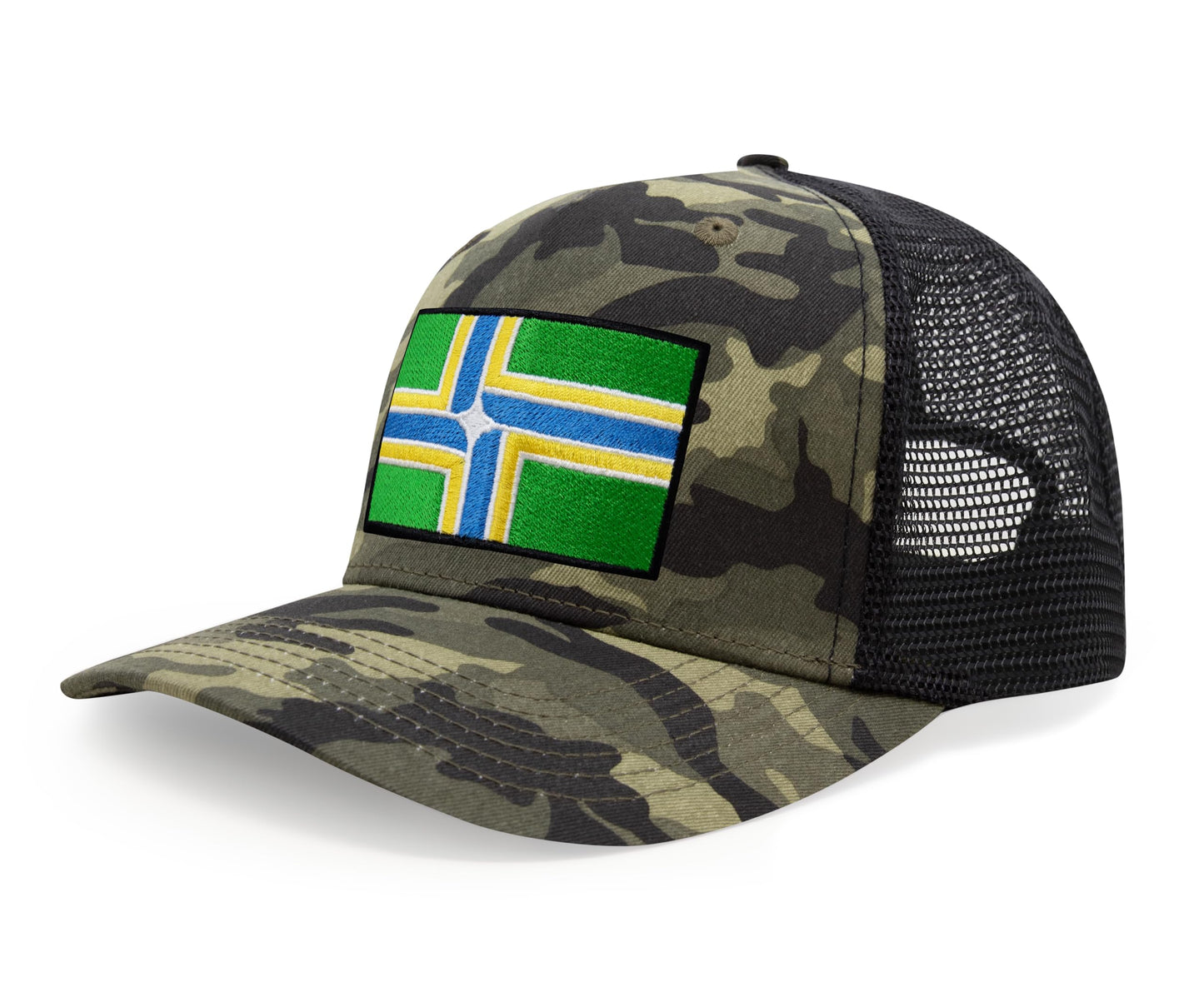 International Tie City Hat for Men and Women, Adjustable Snapback Trucker Baseball Cap with Embroidered Patch (Portland, Camouflage)