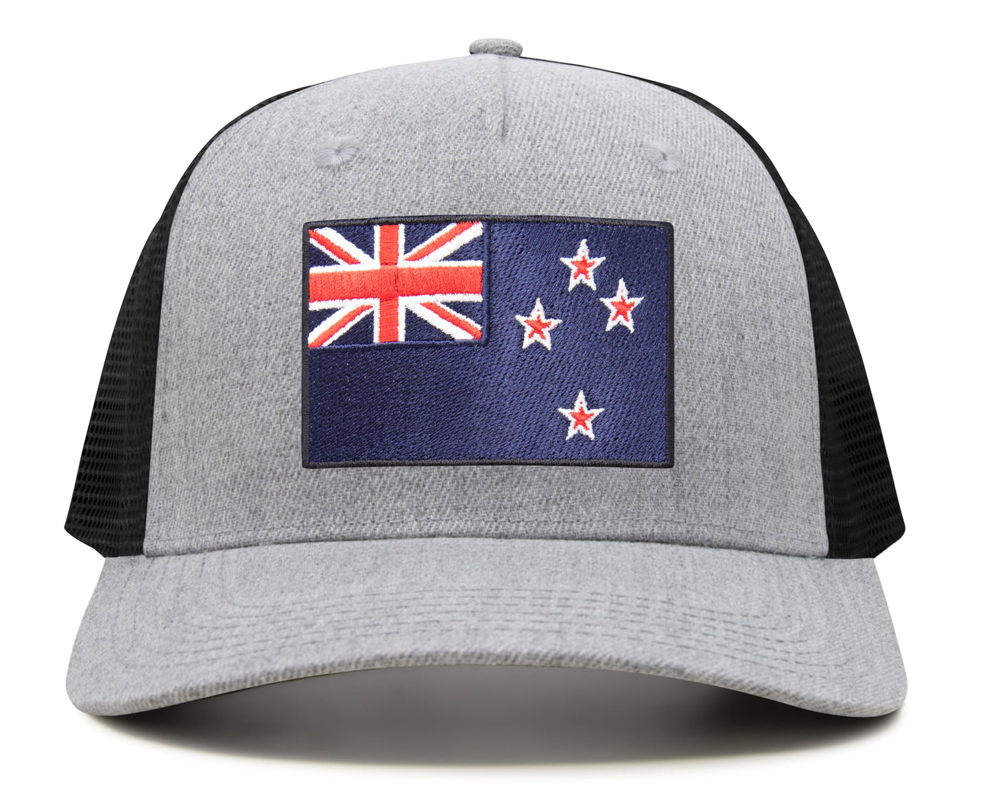 International Tie Country Hat for Men and Women, Adjustable Snapback Trucker Baseball Cap with Embroidered Patch (New Zealand, Grey Black)