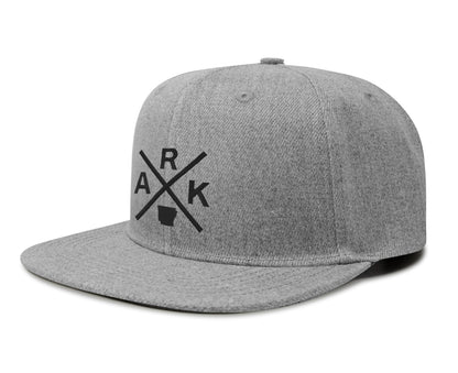 International Tie Hat for Men and Women, Adjustable Snapback Trucker Baseball Cap, Embroidered Cross Logo (ARK - Arkansas, Grey Flatbill)