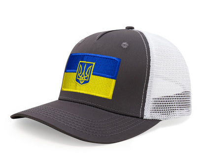 International Tie Country Hat for Men and Women, Adjustable Snapback Trucker Baseball Cap with Embroidered Patch (Ukraine, Grey White)