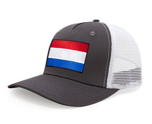 International Tie Netherlands Flag Hat for Men and Women - Adjustable Snapback Trucker Baseball Cap (Grey White)