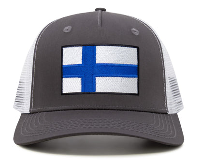 International Tie Finland Flag Hat for Men and Women - Adjustable Snapback Trucker Baseball Cap (Grey White)