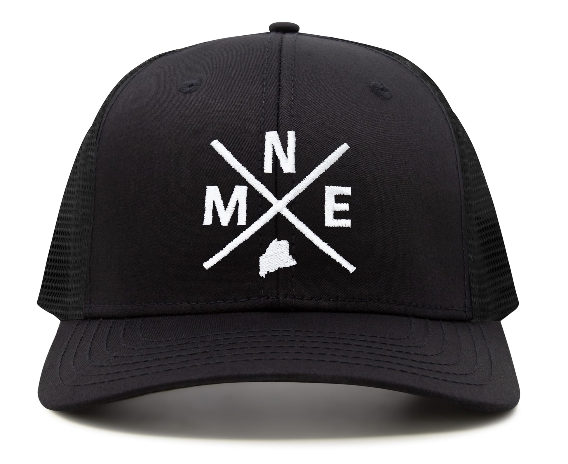 International Tie State City Hat for Men and Women, Snapback Trucker Baseball Cap with Embroidered Cross Logo (MNE - Maine, All Black) - International Tie