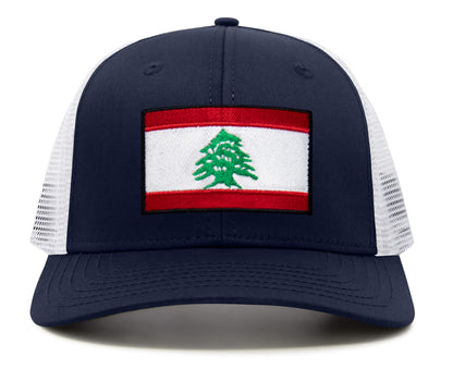 International Tie Lebanon Flag Hat for Men and Women - Adjustable Snapback Trucker Baseball Cap (Navy White)