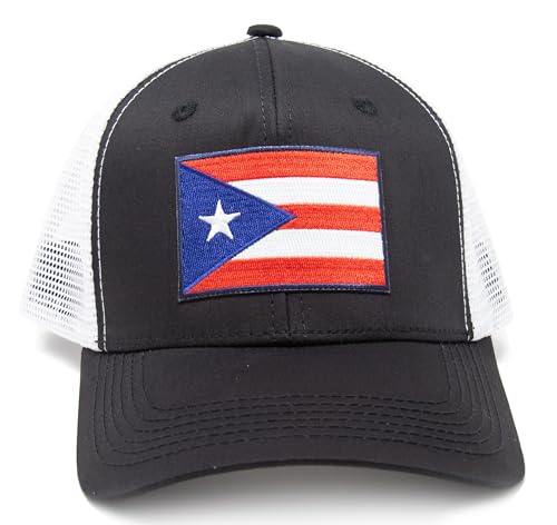 Puerto Rico Flag Snapback Trucker Baseball Hat (Black White) - International Tie