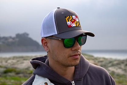 Maryland Flag Trucker Baseball Snapback Hat (Grey Black) - International Tie